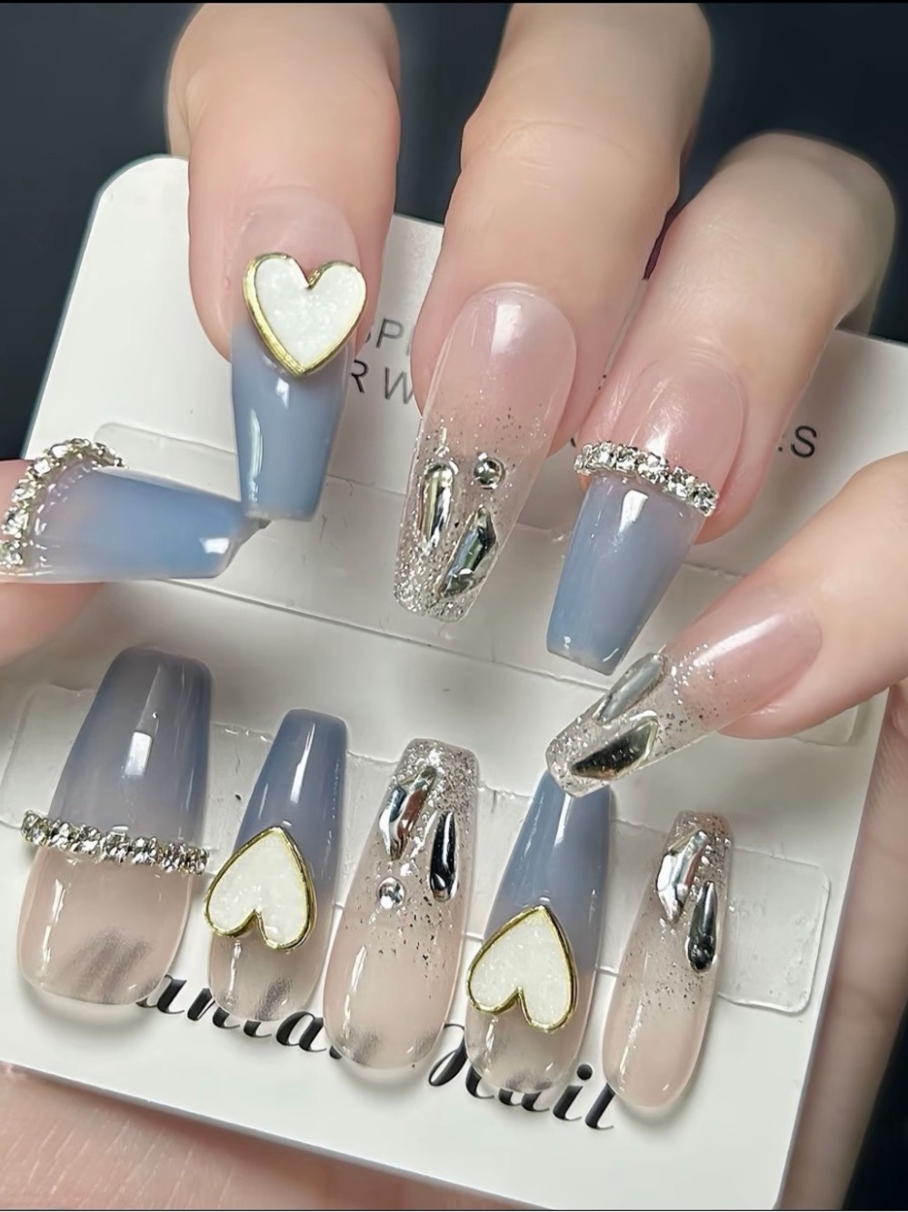 Elegant Blue & Nude Heart Accent Press-On Nail Set